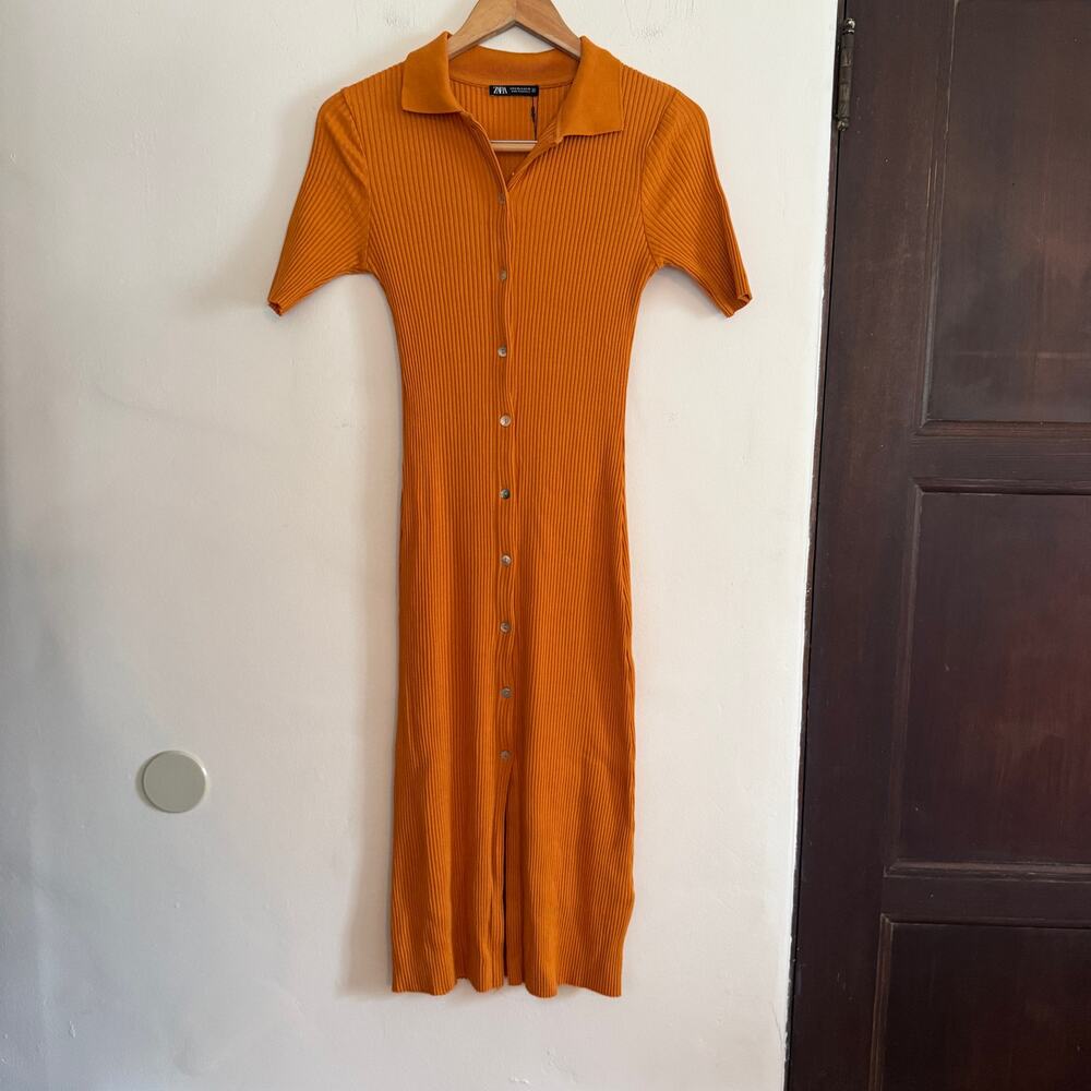 ZARA | Pumpkin Orange Short Sleeve Rib Knit Slim Fit Midi Shirt Dress | Small